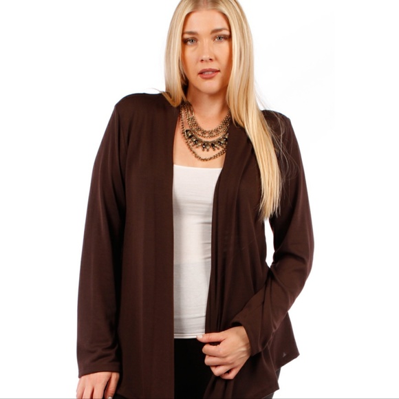Waterfal Draped Open Style Knit Cardigan 123X BROW - Picture 2 of 4